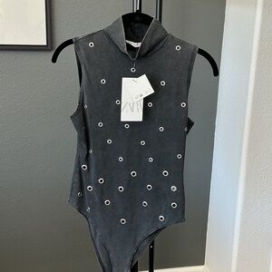 Zara Charcoal Turtleneck Bodysuit With Grommets NWT M